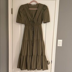 Smocked Waist Olive Midi Dress with Puff Sleeves